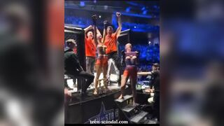 2 cute MMA fighters kiss and expose their tits live on television