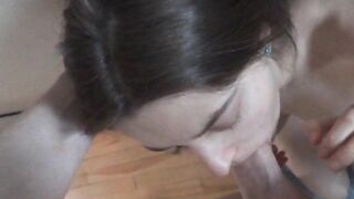 Beautiful teen sucks and chokes on his huge cock